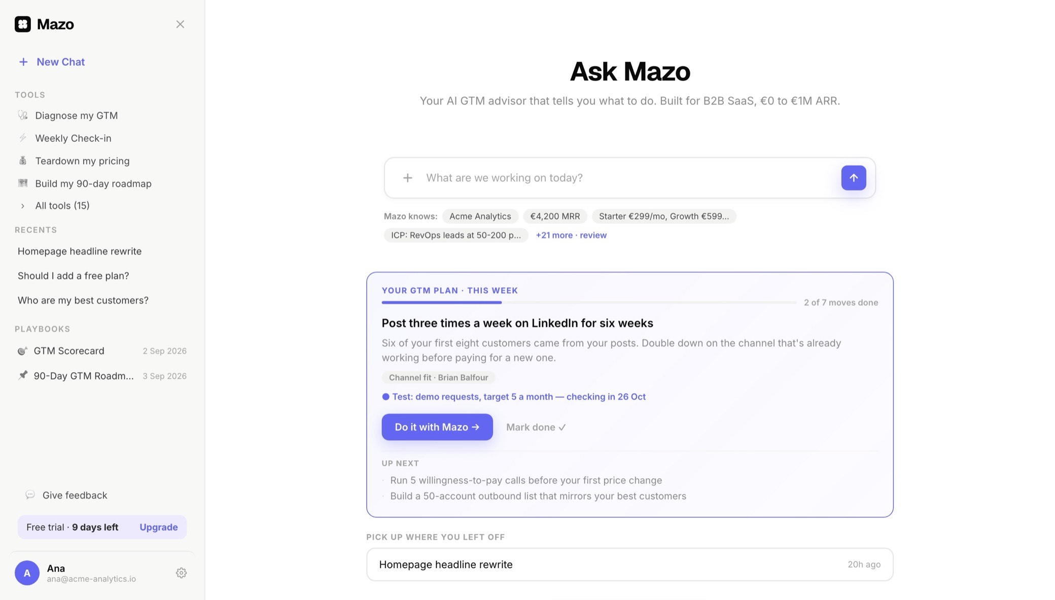 The Mazo home screen: a living GTM plan card with this week's move, its test and what's up next